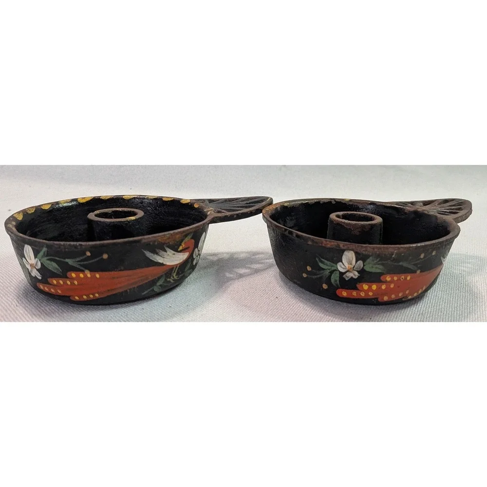 John Wright Candle Holder Set Unisex OS Black Fair Cast Iron Floral Bird Vintage